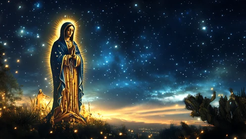 Luminous robed figure under star-saturated celestial panorama.