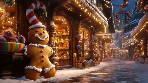 Gingerbread guardian smiling over a glowing candy street.