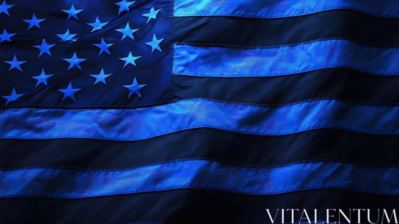 Monochrome blue United States flag in raking studio light.