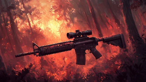 Tactical Rifle in Inferno: War-Torn Landscape