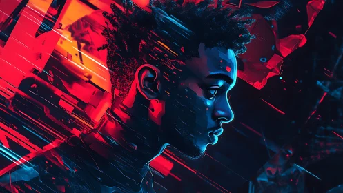 Side profile digital portrait in red and blue abstract field.