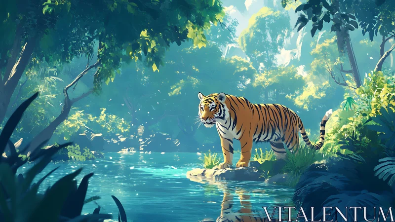 Tiger stands beside luminous jungle river under canopy