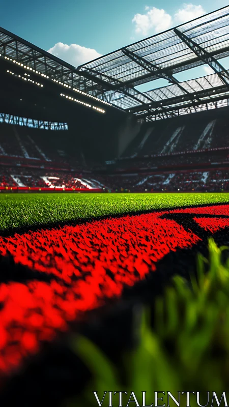 Low-angle football pitch view isolates turf texture and light