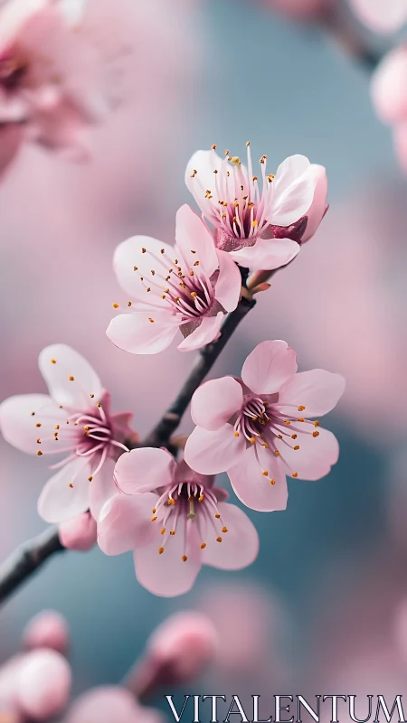 Pink Cherry Blossoms Branch with Golden Stamens. Spring Botanical.