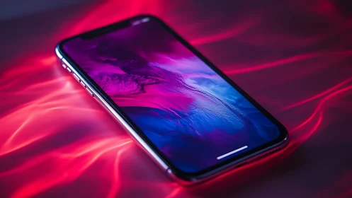 Neon-Lit Smartphone on Glowing Pink Background.