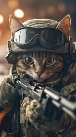 Tactical tabby on high alert, whiskered commando focus.