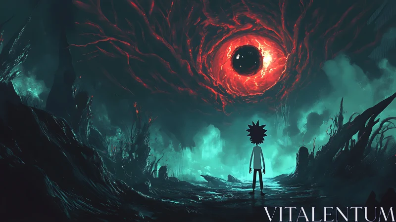 Lone explorer meets a colossal burning eye in eerie void