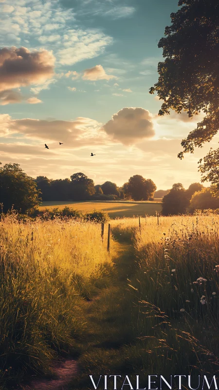 Golden hour meadow path with expansive pastoral perspective.