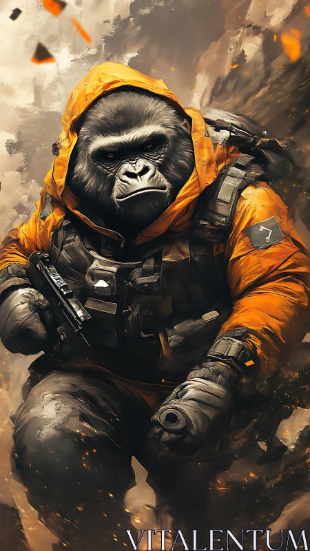 Gorilla in tactical gear with handgun in orange hooded jacket.