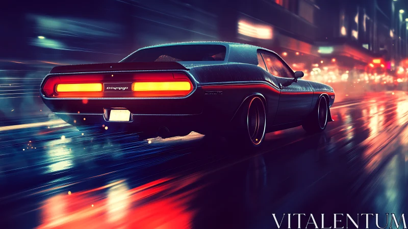 Retro muscle car under neon rain with dynamic motion blur.