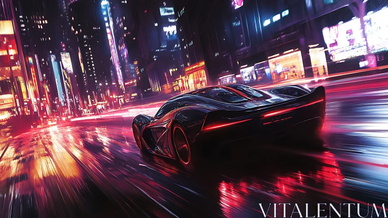 Futuristic sports car moves through wet neon city street