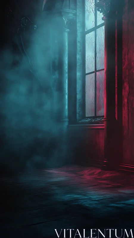 Moody moonlit hallway wrapped in mist and crimson glow.