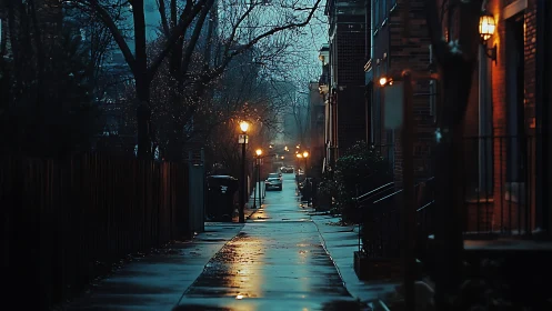 Rain-soaked city alley glows under warm streetlights.