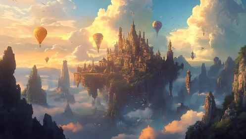 Floating fantasy citadel with airships above cloud canyons.