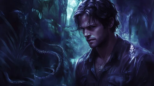 Brooding hunter in bioluminescent jungle with dark tendrils.