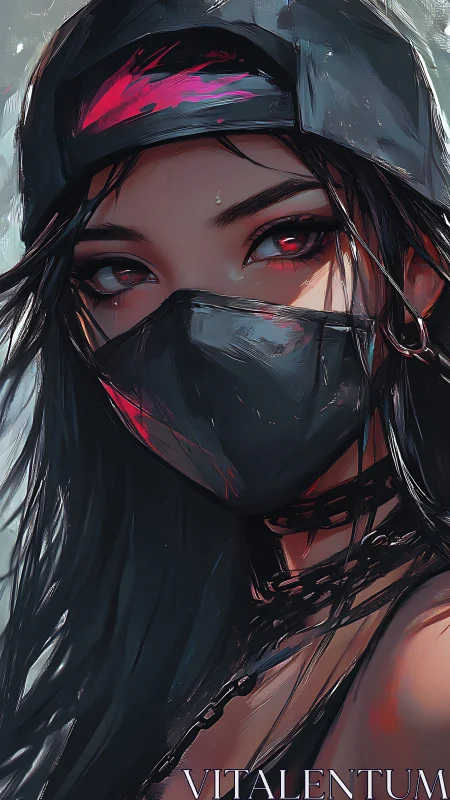 Masked street siren with neon eyes and stormlit resolve.