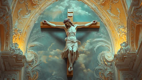 Baroque crucifix altarpiece with luminous architectural framing.