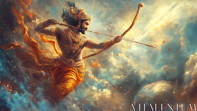 Mythic archer in turbulent celestial atmospheric dynamics.