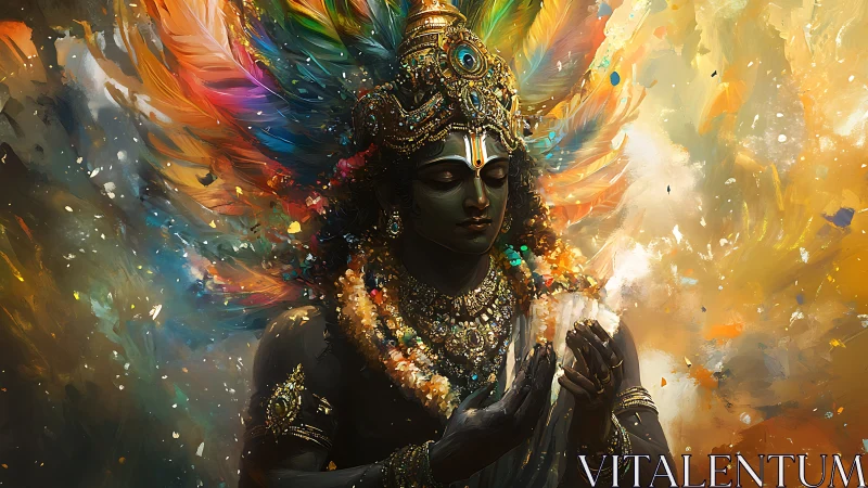 Divine figure with radiant feathered halo in luminous gold field.