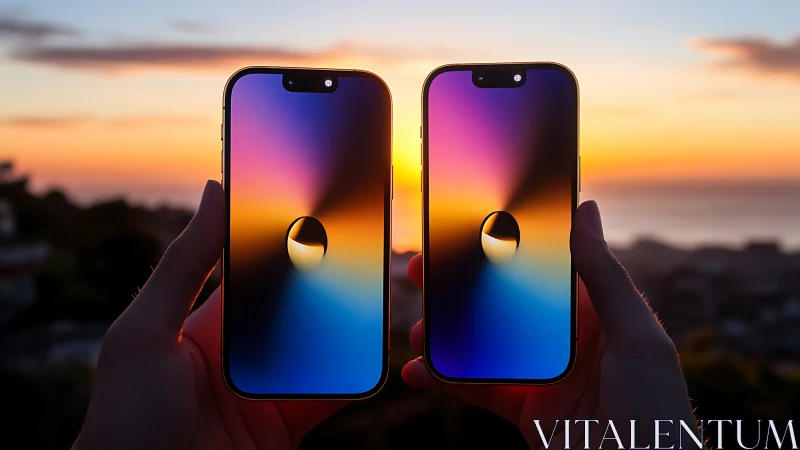 Two smartphones displaying gradient sunset display imagery.