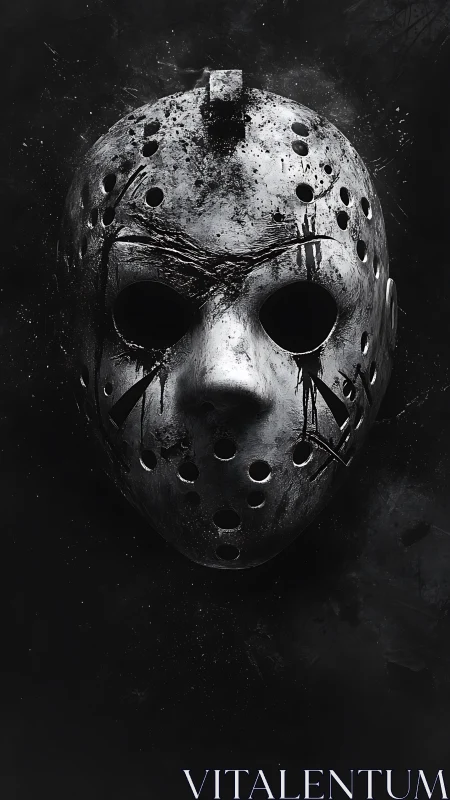 Weathered metal hockey mask in stark monochrome darkness.