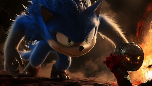 Blue anthropomorphic hedgehog in fiery digital environment.