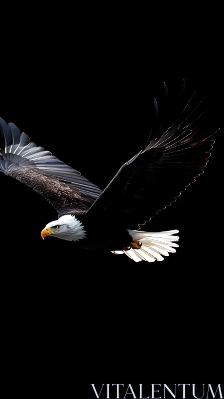 Soaring bald eagle glides smoothly across a dark sky