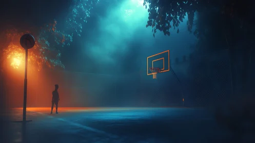 Night basketball court scene is illuminated by colored lights