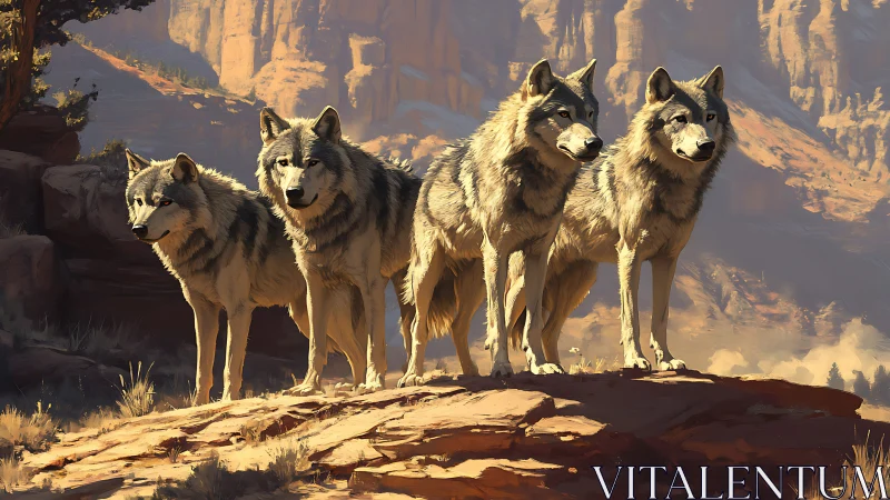 Quadruped wolf cohort on stratified sandstone overlook at dusk.