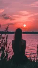 Silhouetted woman observes saturated pink sunset over lake