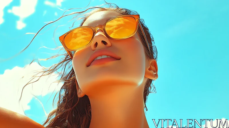 Woman in orange sunglasses under bright blue sky.