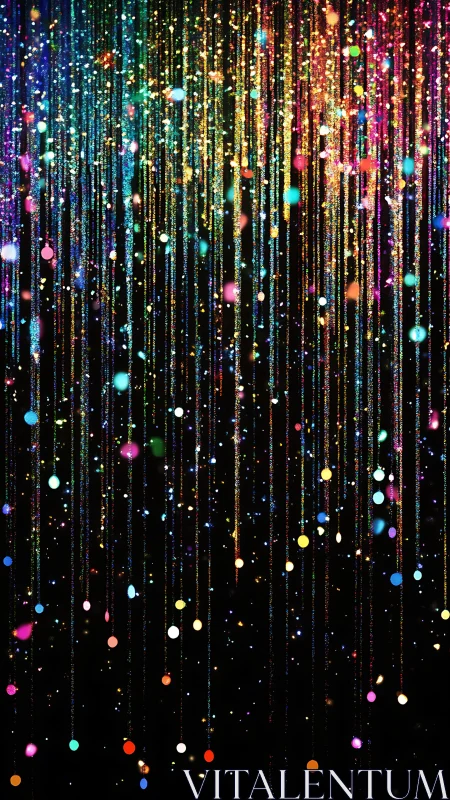 Vertical multicolor light streaks on black field backdrop.