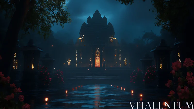 Night temple courtyard shows illuminated central shrine entrance