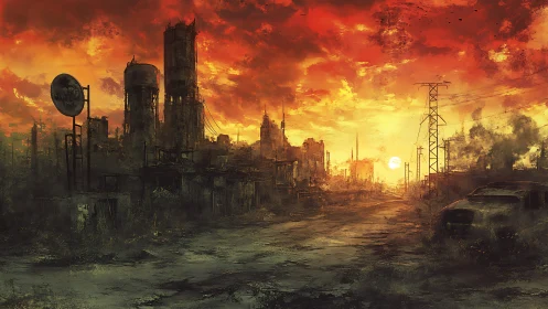 Burned sky glows over a silent post apocalyptic city street