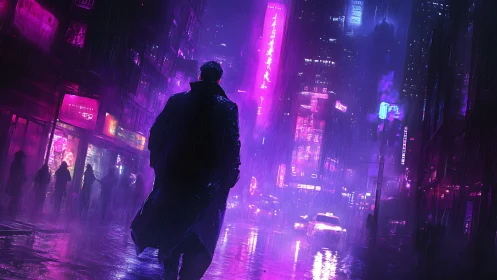 Solitary figure in neon lit rainy urban street at night.