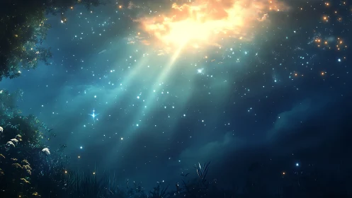 Starlit forest clearing opens toward radiant celestial sky