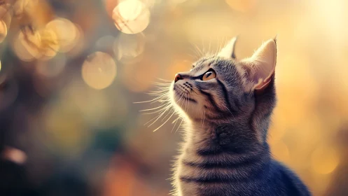 Tabby Cat Gazing Upward with Bokeh Lighting Effects.
