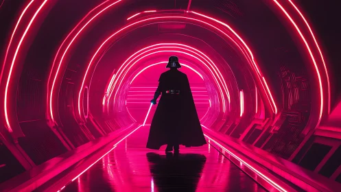 Silhouetted armored figure in neon sci fi tunnel corridor.