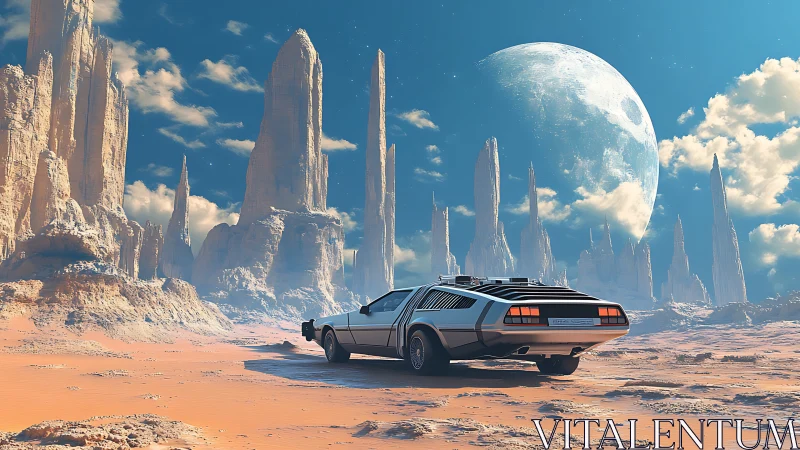 Retro sports car in eroded desert landscape under large moon.