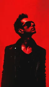 High-contrast red portrait isolates silhouetted man in leather