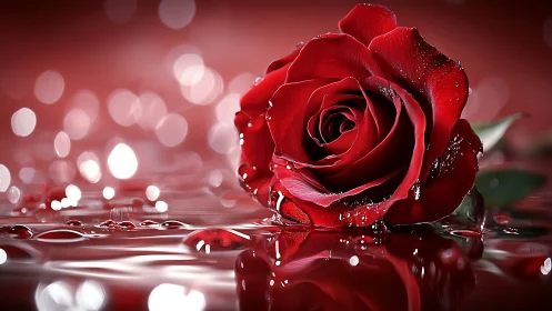 Red Rose in Water with Bokeh Lighting and Reflections