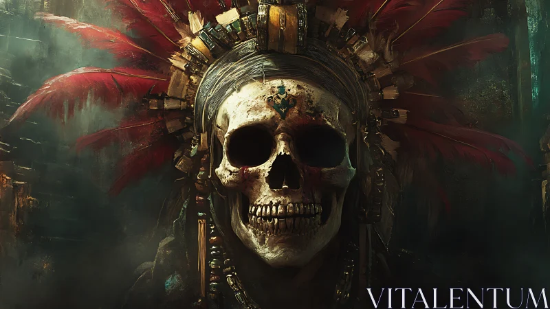 Tribal skull warlord with crimson feathered headdress.