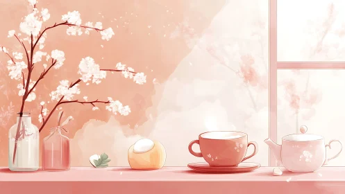 Monochrome peach tea vignette with floral glassware still life.