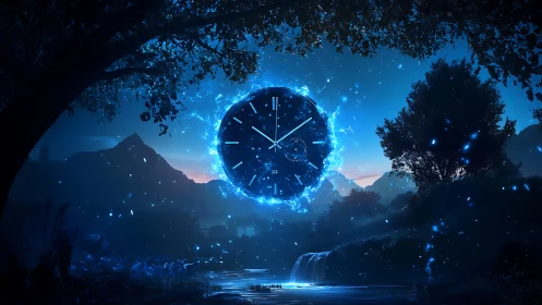 Luminous cosmic clock hovers over tranquil midnight river