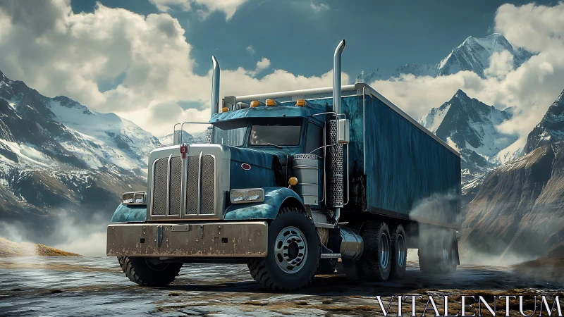 Mountain road legend, a teal semi truck in frosty sunlight.