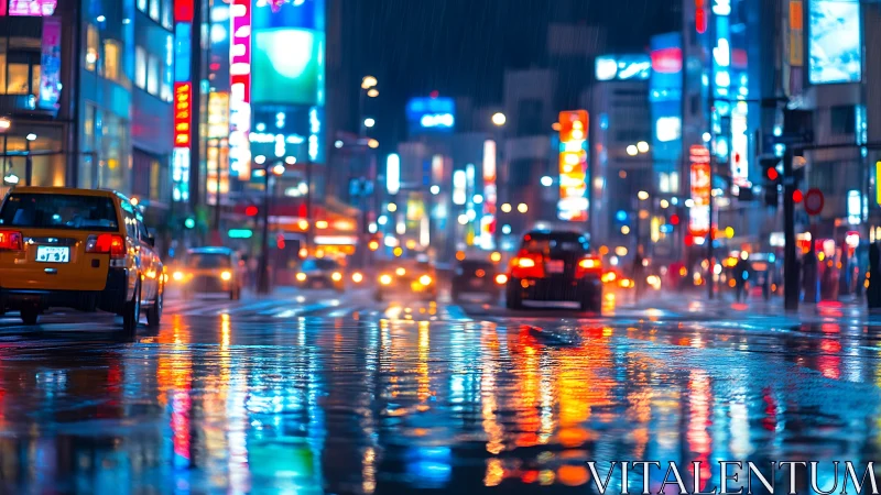 Neon-saturated wet city artery with bokeh-laden traffic flow.
