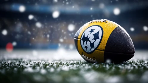 American football rests on snow-covered turf in stadium