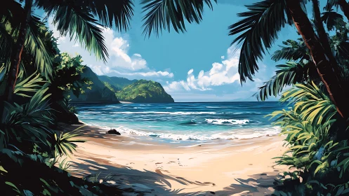 Tropical Beach Cove Framed by Palm Foliage.