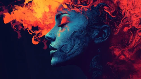 Chromatic profile portrait with swirling fire and smoke fusion.
