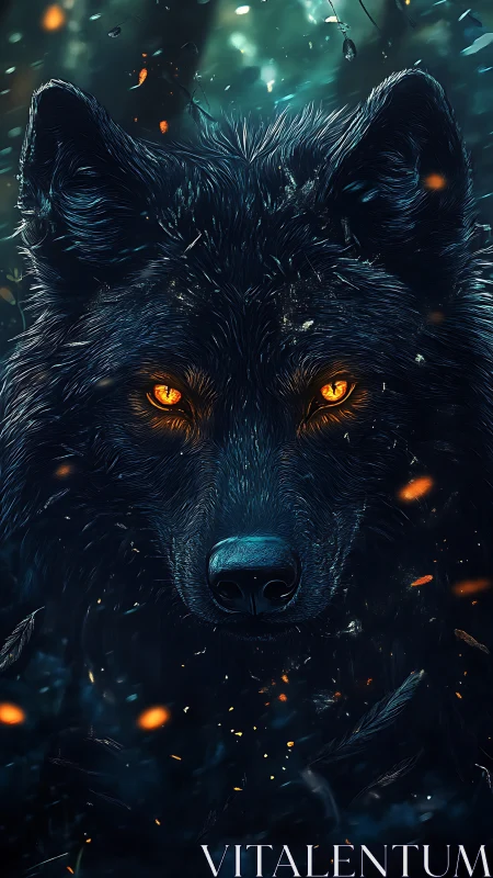 Wolf portrait with luminous eyes in dark forest setting.